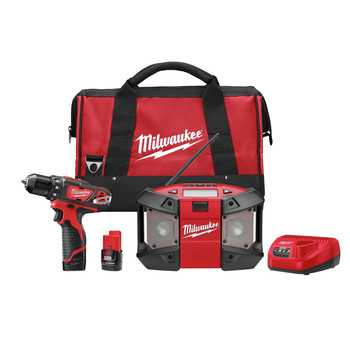 Milwaukee 2492-22 M12 12V Cordless Lithium-Ion 3\/8 in. Drill Driver & Portable Radio Kit