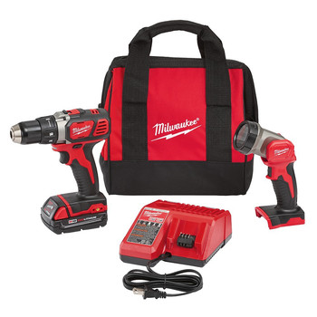 Milwaukee 2606-21L M18 18V Cordless Lithium-Ion Compact 1\/2 in. Drill Driver Kit with Free LED Work Light