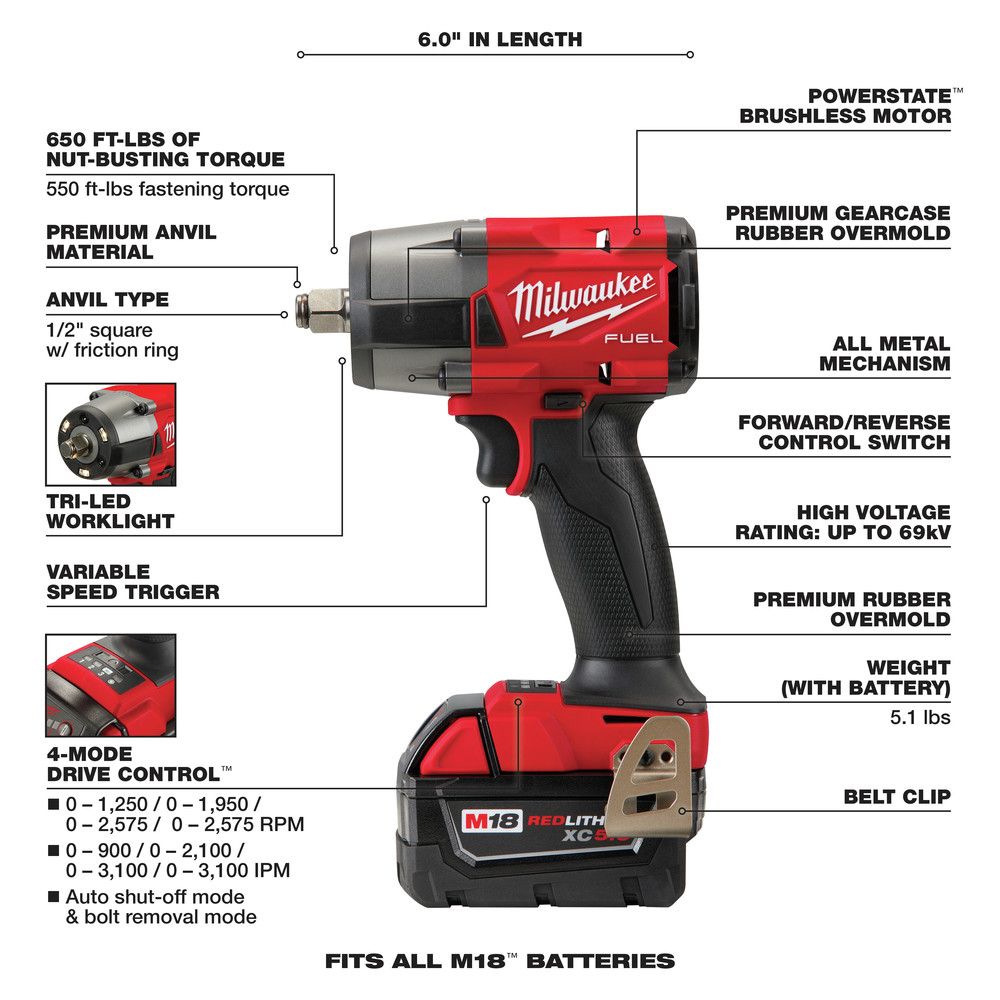 Milwaukee 296222 M18 FUEL LithiumIon Brushless MidTorque 12 in