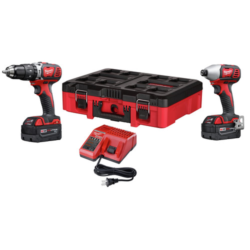 Milwaukee 2697 22po M18 Compact Lithium Ion 1 2 In Cordless Hammer Drill And 1 4 In Cordless Hex Impact Driver Combo Kit 3 Ah With Packout Tool Box Cpo Milwaukee