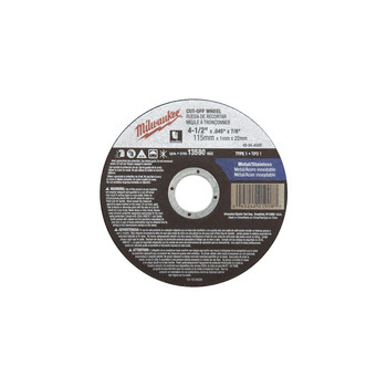 Milwaukee 49-94-4505 4-1/2 in. x .045 in. x 7/8 in. Type 27 Cut-Off Wheel Milwaukee 49-94-4505 4-1/2 in. x .045 in. x 7/8 in. Type 27 Cut-Off Wheel