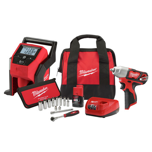 Milwaukee 2463 21rs M12 Lithium Ion 3 8 In Cordless Impact Wrench With M12 Inflator And 12 Piece 3 8 In Metric Socket Set Cpo Milwaukee
