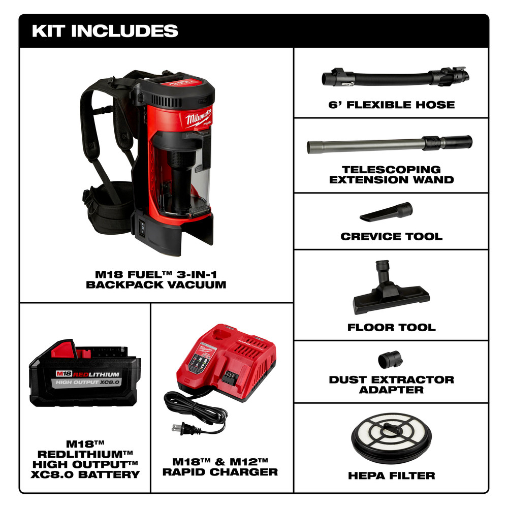 Milwaukee 088521HD M18 FUEL 3in1 Backpack Vacuum High Demand Kit