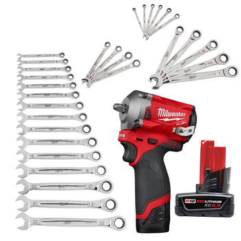 Milwaukee 2554-23-CPO M12 FUEL Stubby 3/8 in. Impact Wrench Kit plus M12 REDLITHIUM XC 6 Ah Lithium-Ion Battery plus Metric/SAE Ratcheting Combination Wrench Sets